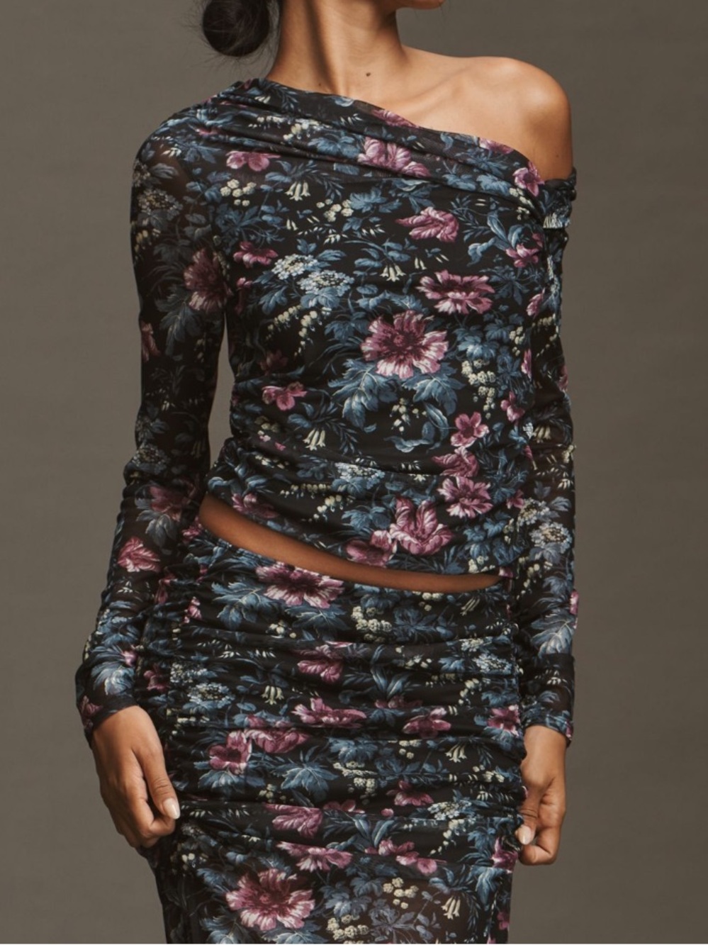 Anthropologie Black Mesh Long-Sleeve Asymmetric Top